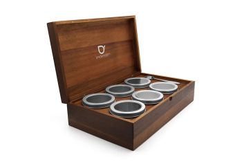 bredemeijer theedoos met 6 ronde blikjes acaciahout