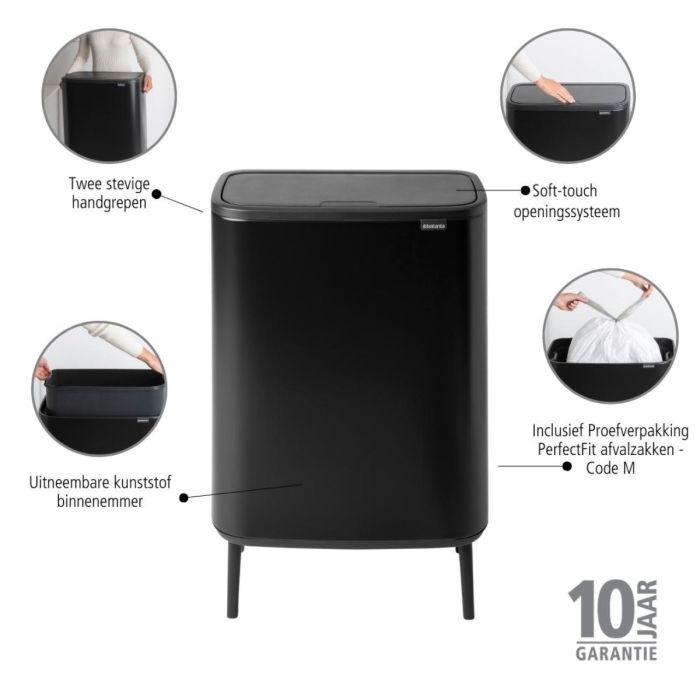 Brabantia Bo Touch Bin Hi Prullenbak 60 Liter Mat Zwart